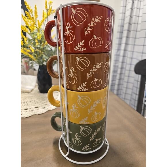 Hobby Lobby 4 Piece Coffee Mug set with Stand Fall Autumn - Picture 1 of 4